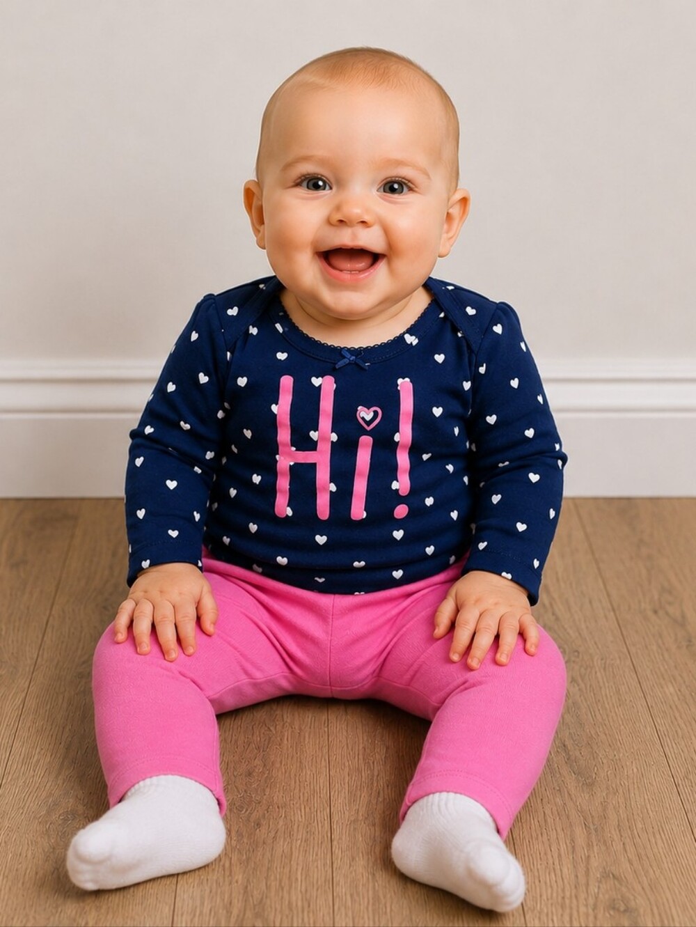 Navy Heart Top and Pink Ruffle Pants Outfit